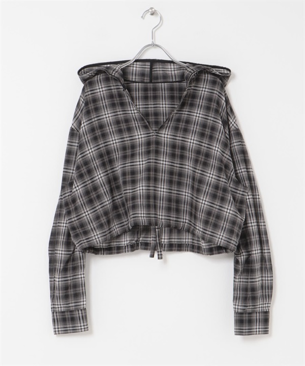 透膚格紋連帽襯衫(黑色-one-其他黑色)