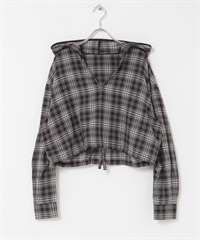 透膚格紋連帽襯衫(黑色-one-其他黑色)