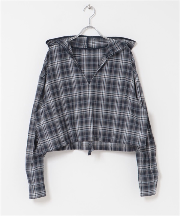 透膚格紋連帽襯衫(藏青色-one-其他藍色)