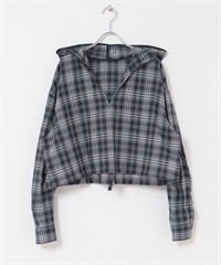 透膚格紋連帽襯衫(藏青色-one-其他藍色)