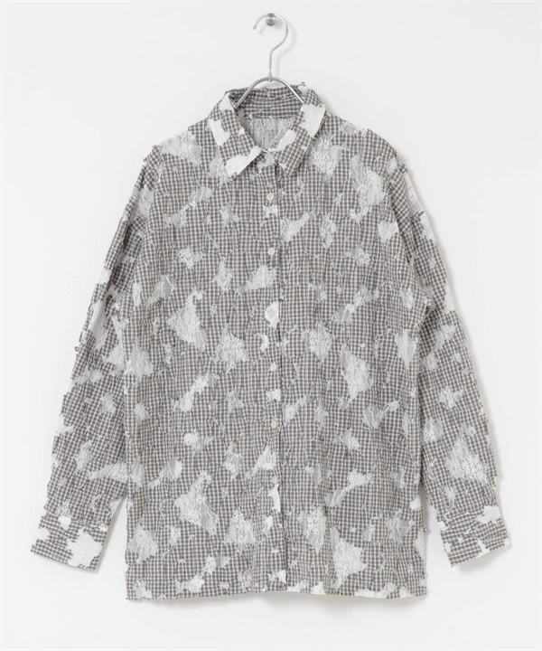 飾縫格紋襯衫(象牙白x黑色-one-其他黑色)