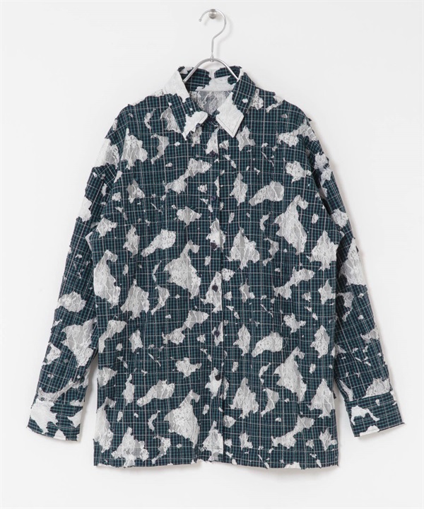 飾縫格紋襯衫(炭灰色x藍色-one-其他藍色)