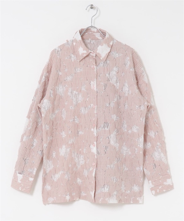 飾縫格紋襯衫(象牙白x粉紅色-one-其他粉色)