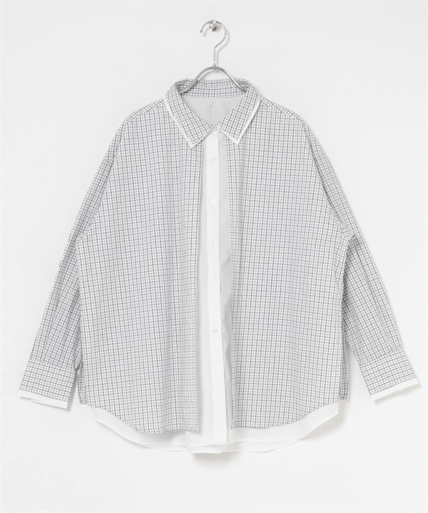 層次設計格紋寬版襯衫(米色x米色-one-其他白色)