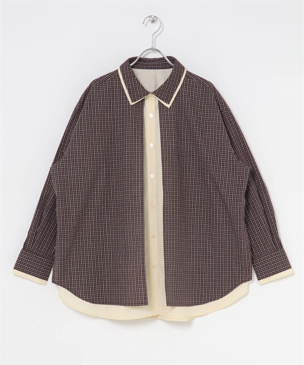 層次設計格紋寬版襯衫(棕色x膚色-one-其他棕色)