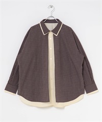 層次設計格紋寬版襯衫(棕色x膚色-one-其他棕色)