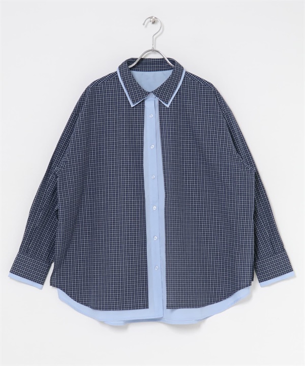 層次設計格紋寬版襯衫(藏青色x藍色-one-其他藍色)