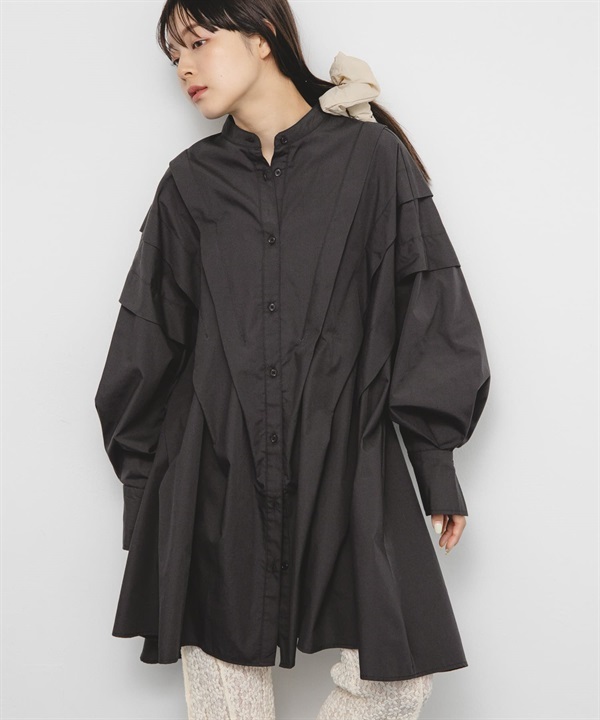 蓬袖打褶迷你洋裝