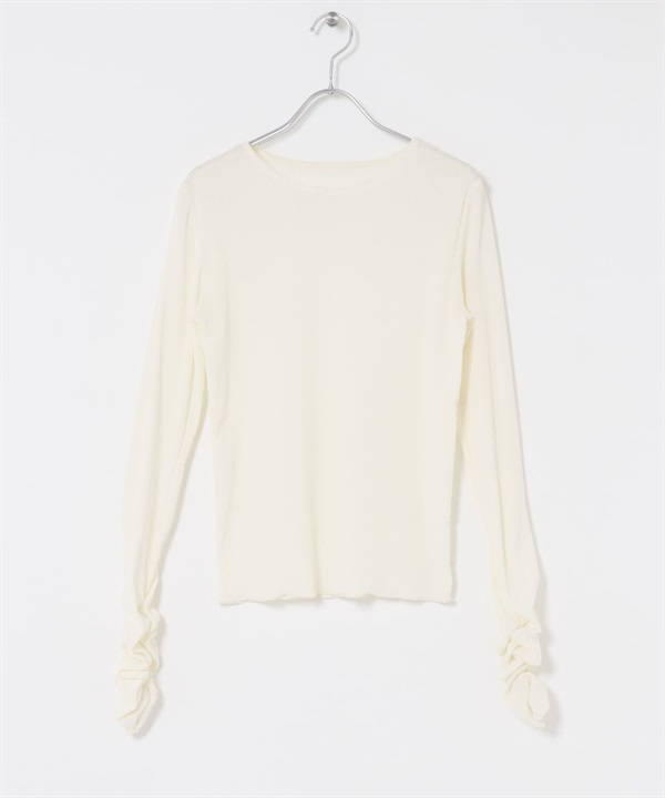 透膚絲絨碎褶袖上衣(象牙白-one-OFF WHITE)