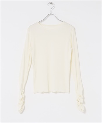 透膚絲絨碎褶袖上衣(象牙白-one-OFF WHITE)