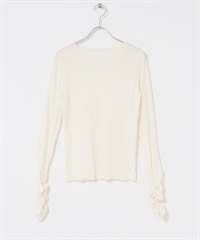 透膚絲絨碎褶袖上衣(象牙白-one-OFF WHITE)