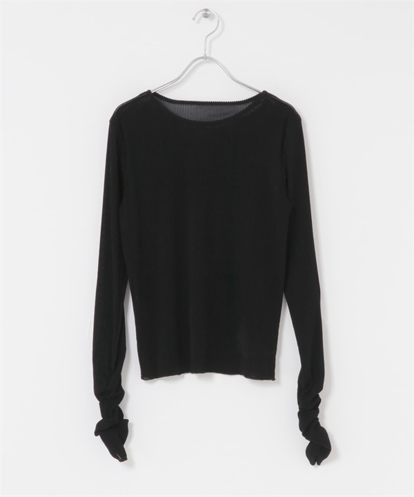 透膚絲絨碎褶袖上衣(黑色-one-BLACK)