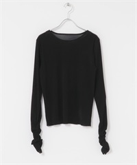 透膚絲絨碎褶袖上衣(黑色-one-BLACK)