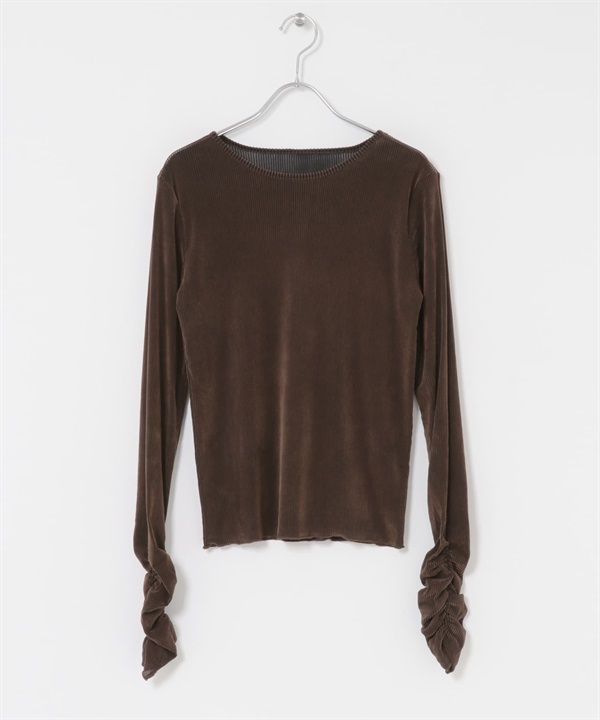 透膚絲絨碎褶袖上衣(棕色-one-BROWN)