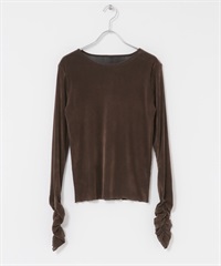 透膚絲絨碎褶袖上衣(棕色-one-BROWN)