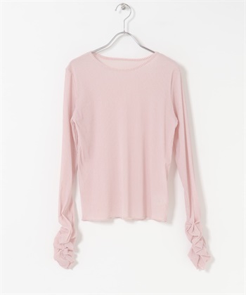 透膚絲絨碎褶袖上衣(粉紅色-One-PINK)