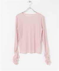 透膚絲絨碎褶袖上衣(粉紅色-One-PINK)