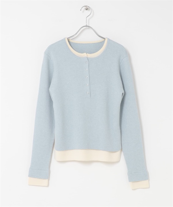 層次感亨利領針織衫(淺藍色x米色-one-其他藍色)