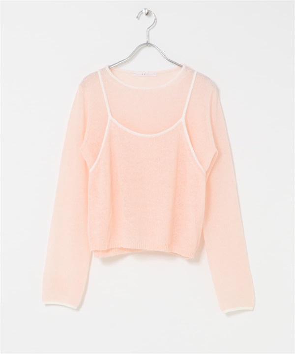 配色細肩帶背心層次針織衫(粉紅色x白色-one-PINK)