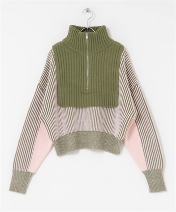 層次感半拉鍊針織衫(綠色x粉紅色-one-其他綠色)