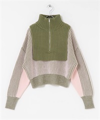 層次感半拉鍊針織衫(綠色x粉紅色-one-其他綠色)