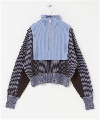 層次感半拉鍊針織衫(藍色x棕色-one-其他藍色)