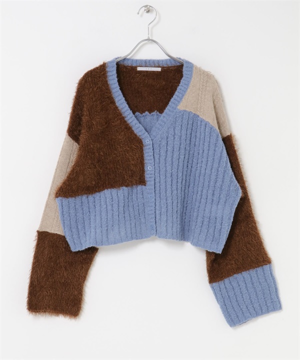 拼接設計針織開襟衫(藍色混色-one-其他藍色)