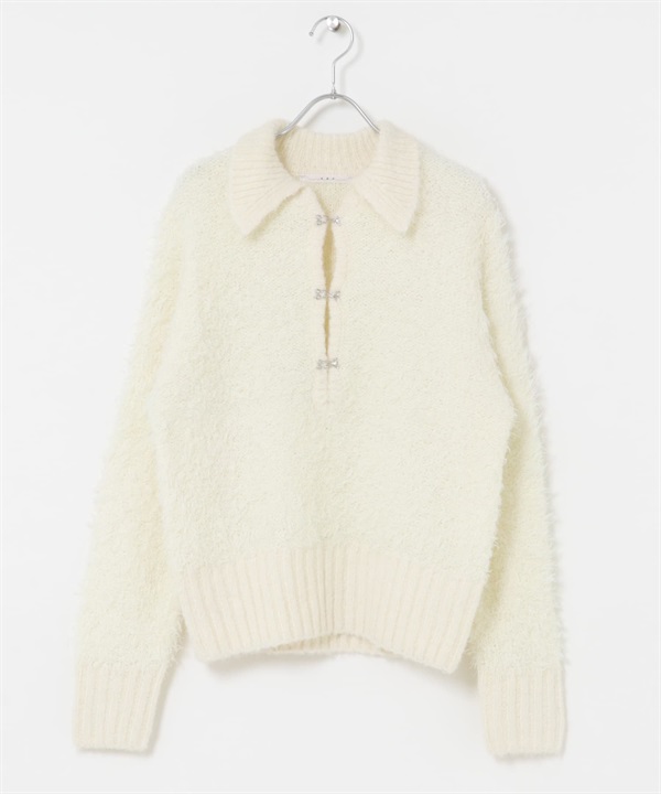 正面鉤扣設計絨毛針織衫(米色-one-OFF WHITE)