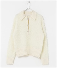 正面鉤扣設計絨毛針織衫(米色-one-OFF WHITE)