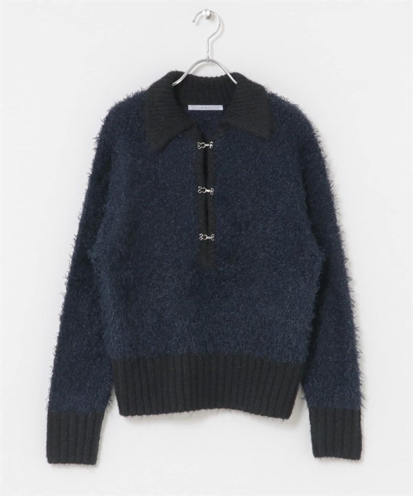 正面鉤扣設計絨毛針織衫(藏青色-one-NAVY)