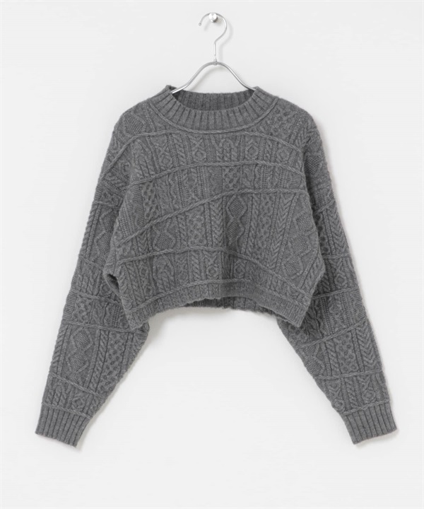 拼接麻花短版針織衫(灰色-one-GRAY)