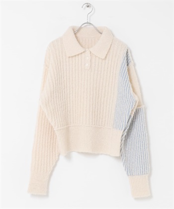 配色設計袖針織衫(象牙白x藍色-one-其他白色)