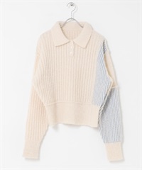 配色設計袖針織衫(象牙白x藍色-one-其他白色)