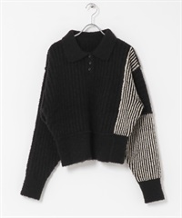 配色設計袖針織衫(黑色x象牙白-one-其他黑色)