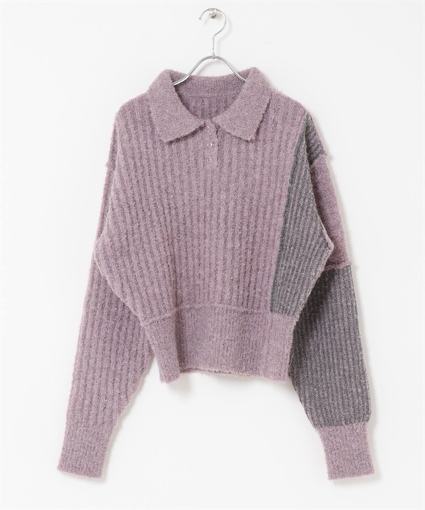 配色設計袖針織衫(粉紅色x灰色-one-其他粉色)