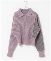 配色設計袖針織衫(粉紅色x灰色-one-其他粉色)