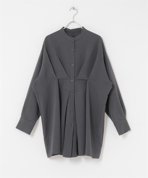 腰部打褶長版襯衫(炭灰色-one-CHARCOAL GRAY)