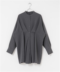 腰部打褶長版襯衫(炭灰色-one-CHARCOAL GRAY)