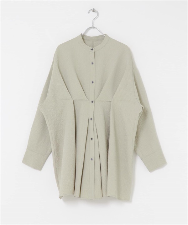 腰部打褶長版襯衫(鼠尾草綠-one-其他綠色)