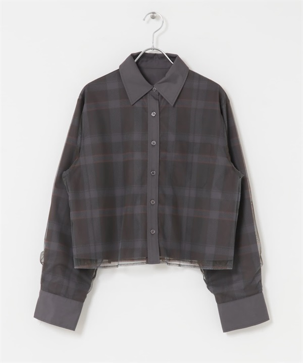 薄紗層次短版襯衫(炭灰色格紋-one-其他灰色)