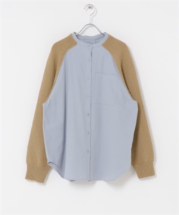 針織袖設計襯衫(藍色x膚色-one-其他膚色)