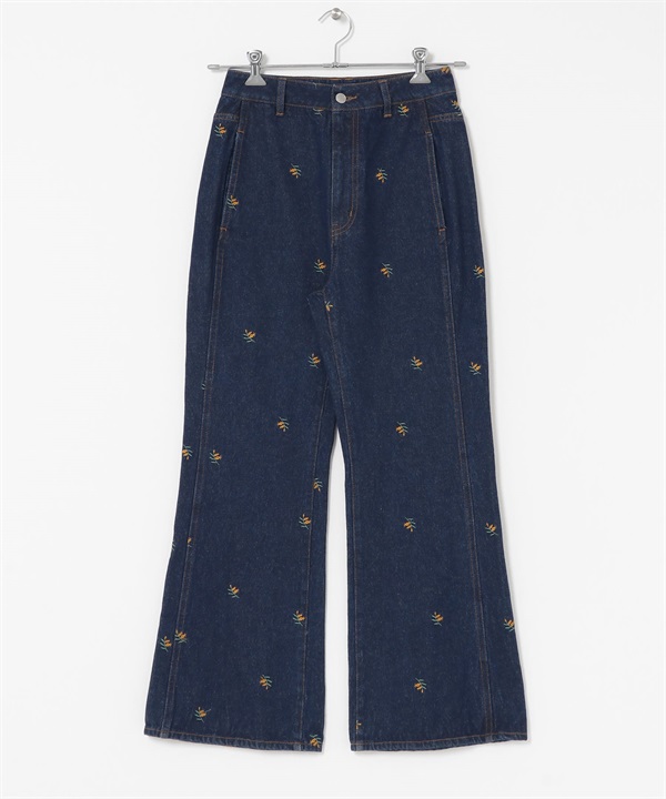 口袋設計牛仔喇叭褲(藍色刺繡-36-INDIGO BLUE)