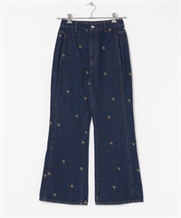 口袋設計牛仔喇叭褲(藍色刺繡-36-INDIGO BLUE)