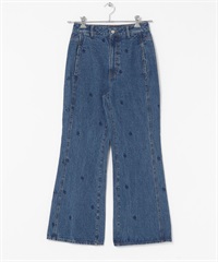 口袋設計牛仔喇叭褲(淺藍色刺繡-36-LIGHT INDIGO BLUE)