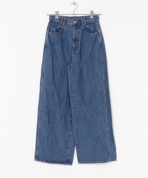 褶子設計寬版牛仔褲(淺藍色-36-LIGHT BLUE)