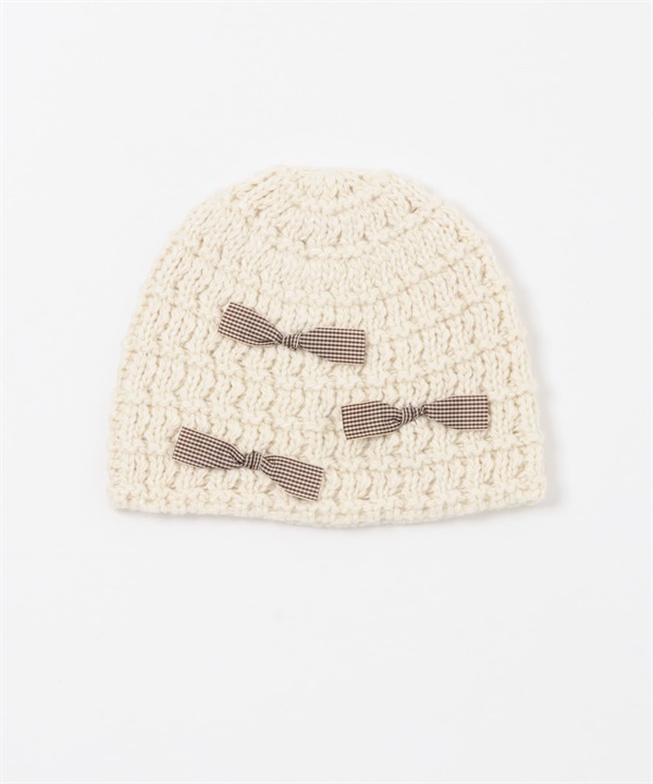 格紋蝴蝶結針織豆豆帽(象牙白-one-IVORY)