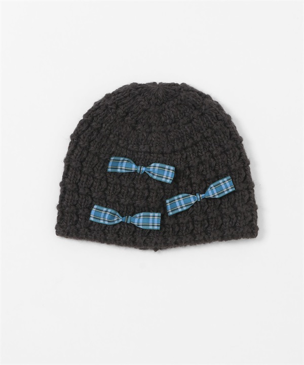格紋蝴蝶結針織豆豆帽(炭灰色-one-CHARCOAL GRAY)