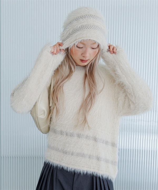 線條設計絨毛針織豆豆帽