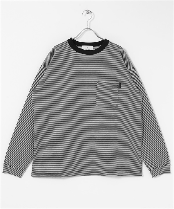 羅馬布口袋長袖T恤(條紋-M-其他黑色)