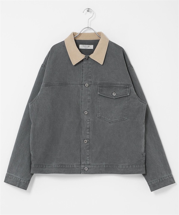 拼接領水洗感斜紋夾克(炭灰色-M-CHARCOAL GRAY)
